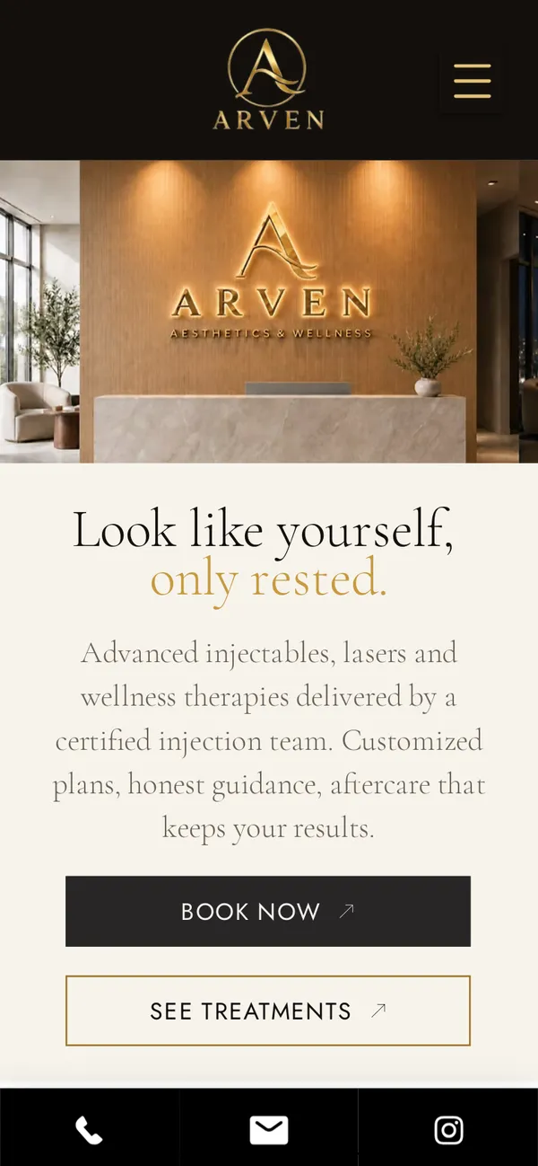 ARVEN Aesthetics & Wellness homepage, a med spa website on a phone
