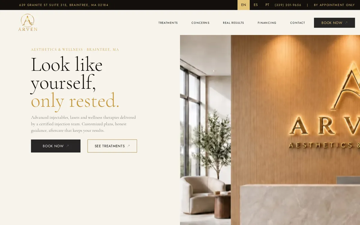 ARVEN Aesthetics & Wellness homepage, a med spa website on a desktop screen
