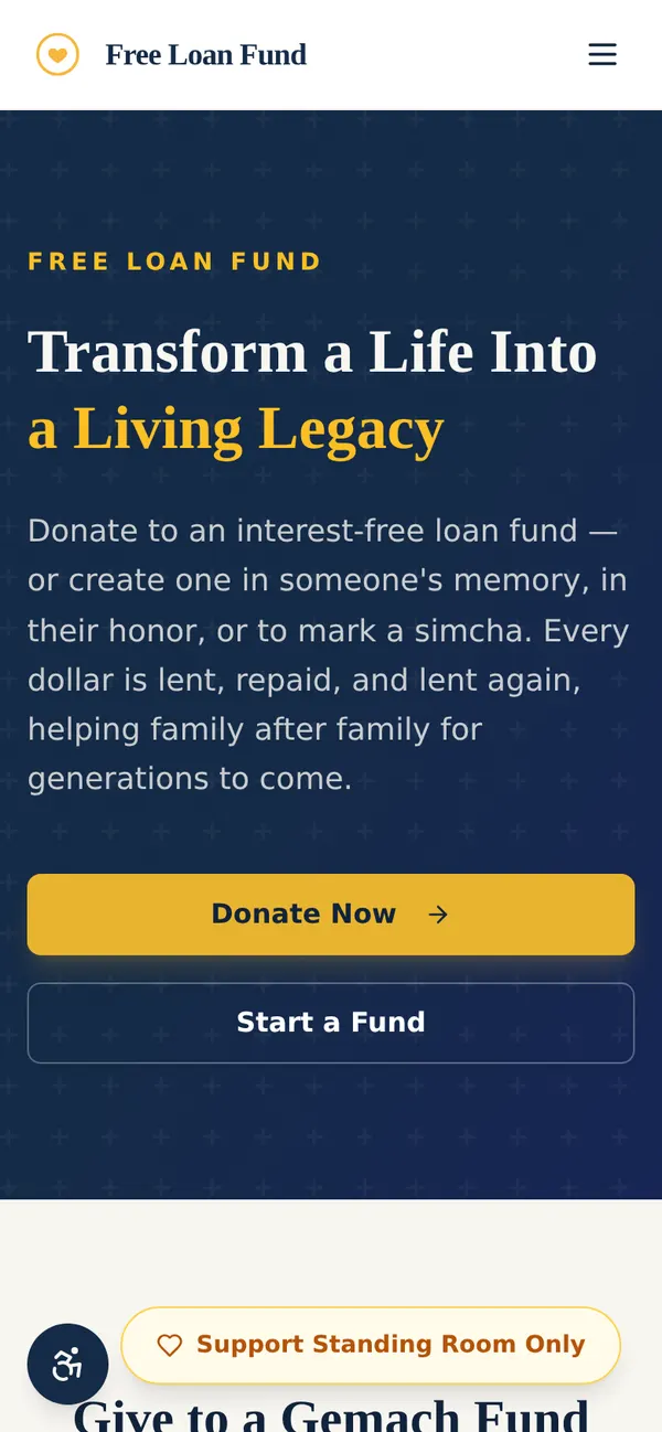 Free Loan Fund homepage, a nonprofit donation platform on a phone