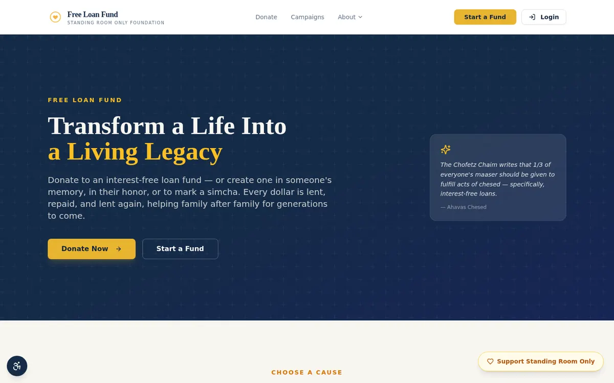 Free Loan Fund homepage, a nonprofit donation platform on a desktop screen