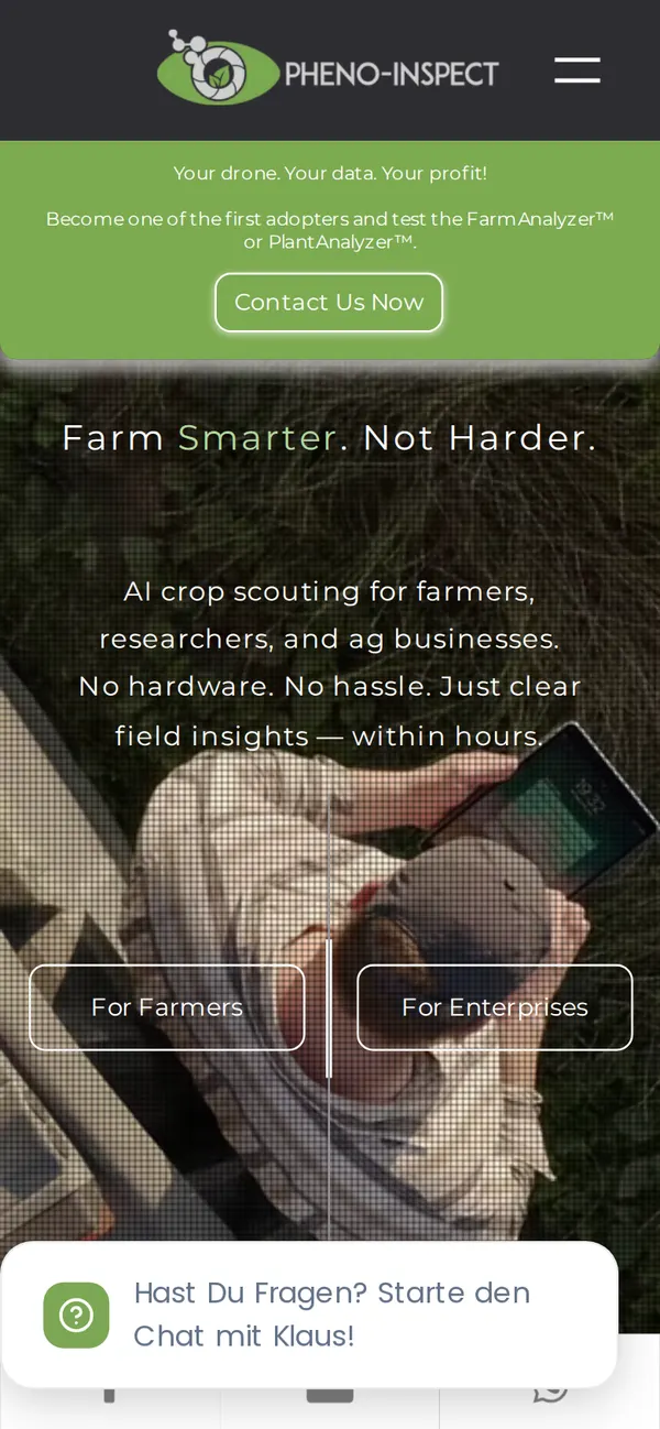 Pheno-Inspect homepage, an AI crop-scouting company for farmers on a phone