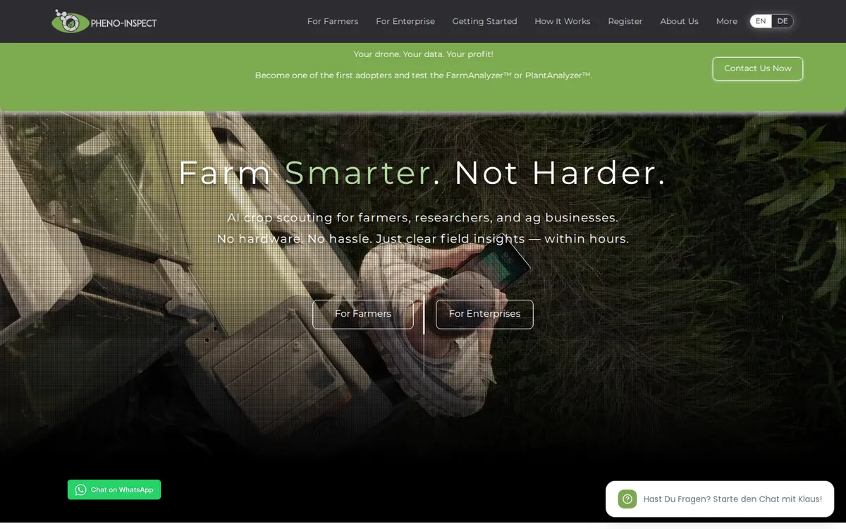 Pheno-Inspect homepage, an AI crop-scouting company for farmers on a desktop screen